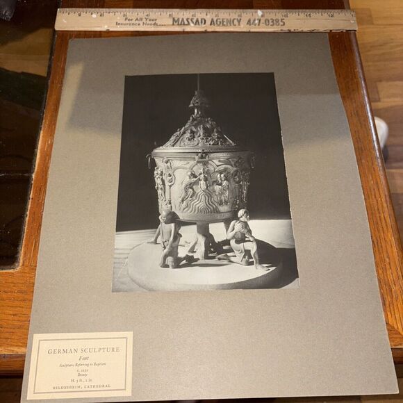 Vintage Mounted German Sculpture Photo: Font at Hildesheim Cathedral Church - Picture 1 of 5